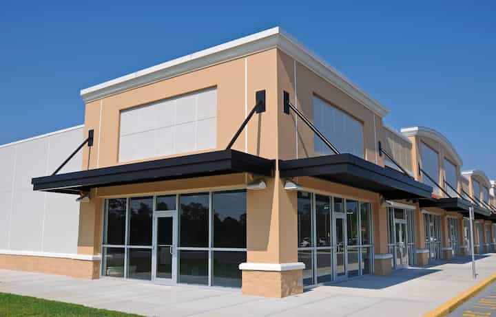 Bright red commercial awning in Anchorage, AK.